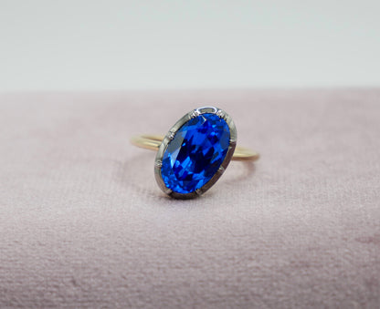 Georgian Victorian Oval Blue Sapphire Button Back Collet Ring, view 3
