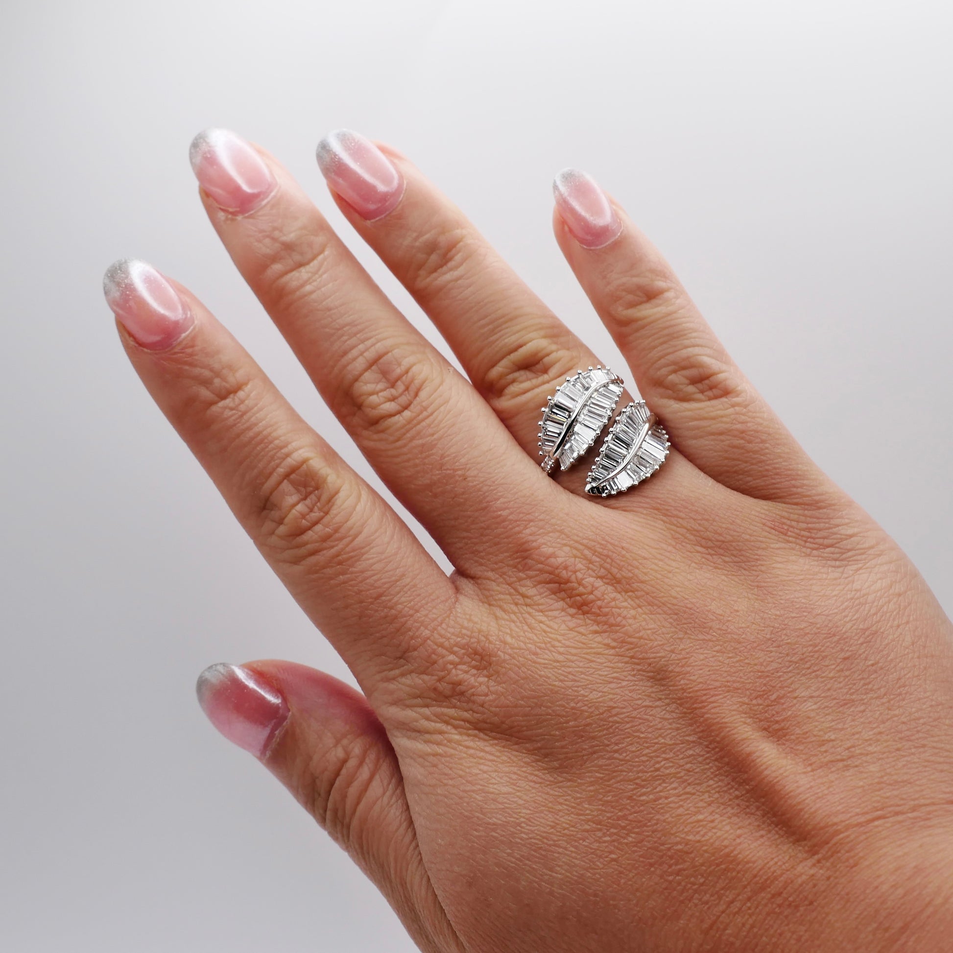 Double palm leaf ring with baguette lab diamonds in 18K white gold, view 8