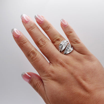 Double palm leaf ring with baguette lab diamonds in 18K white gold, view 8