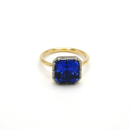 Georgian Victorian Asscher Cut Sapphire Gold Button Back Collet Ring