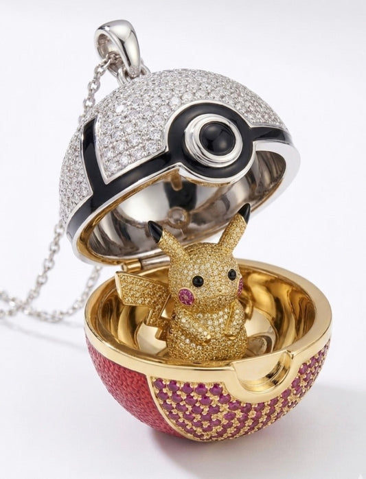 Decorative jewelry box shaped like a Poké Ball with pikachu inside, on a white background.
