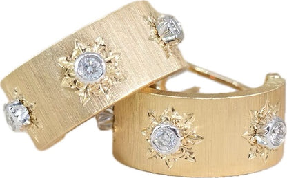 Engraved Fabric Silk Diamond Huggies or Hoop Earrings, 18K Gold, view 3