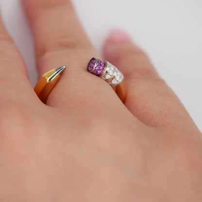 Pencil Ring with Moissanites and Lab Rubies, 18K Gold Filled, view 7