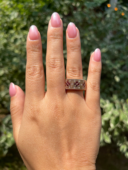 Silk Engraved Ring with Lab Rubies and Moissanites, 14K Gold, view 9