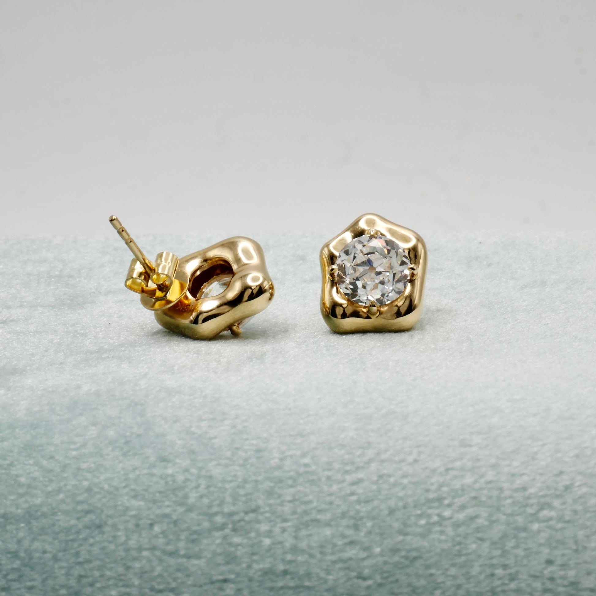 Lab Diamond Stud Earrings 18K Gold | Old European Cut 1.5ct Each | Modern Diamond Earrings | Unique Setting | by Disco Marshmallow