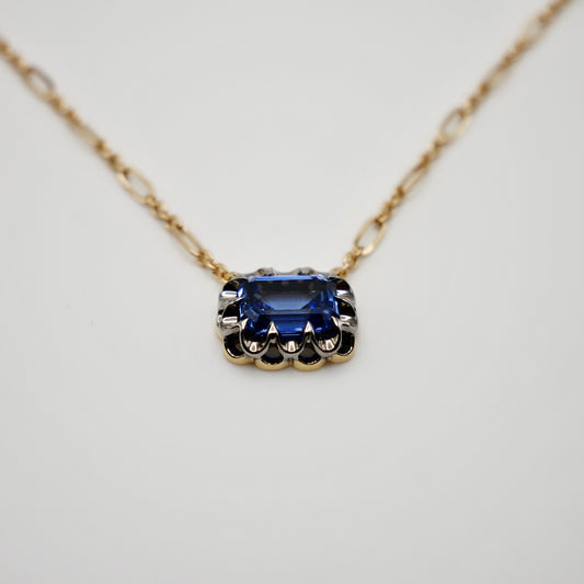Lab Sapphire Gold Trombone Chain Necklace, 18K Gold, view 2