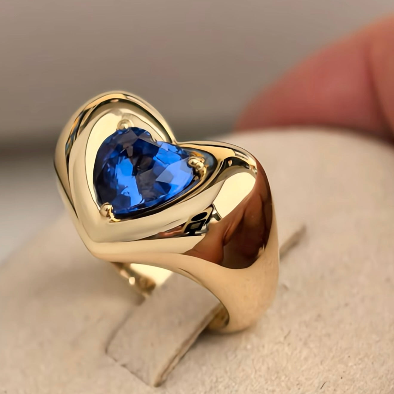 14K or 18K Gold Chunky Marshmallow Pillow Plump Heart Ring with Lab Grown Sapphire | by Disco Marshmallow