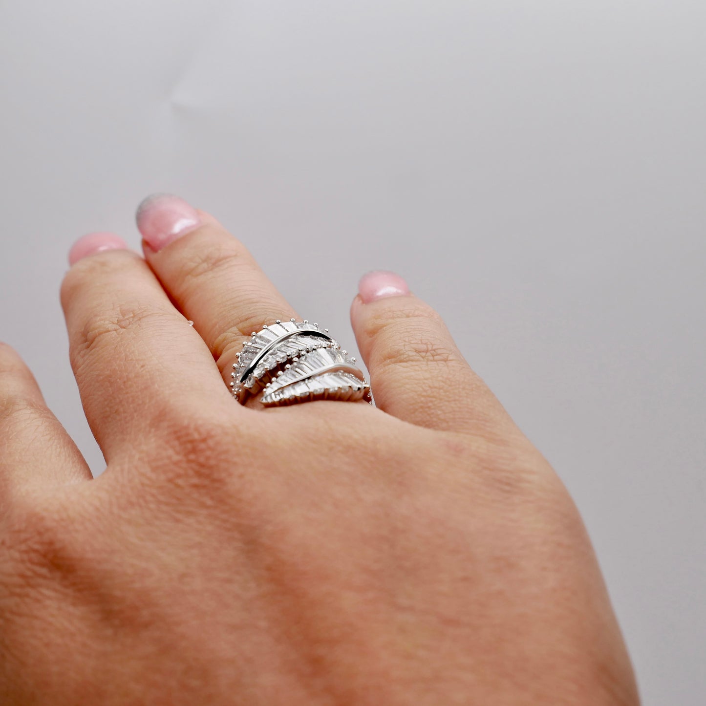 Double palm leaf ring with baguette lab diamonds in 18K white gold, view 10