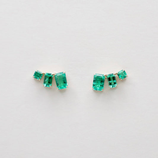 Emerald-Cut Lab Emerald Climber Earrings in 14K Gold