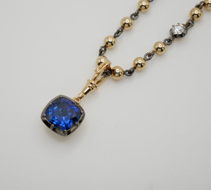 Georgian Victorian Sapphire Cushion Ball Chain Pendant, view 5