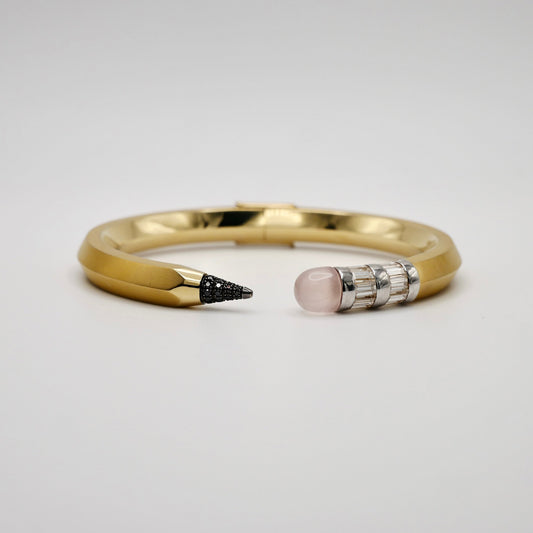 18K Solid Gold Pencil Bracelet Bangle with Moissanite and Pink Nephrite