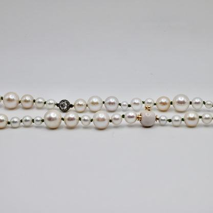 Graduated Freshwater Pearl Necklace with Georgian Set Lab Diamond on Silk Cord, view 6