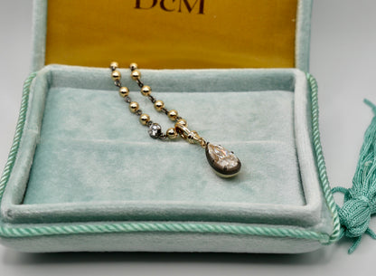 Georgian Victorian Ball Chain Elongated Pear Moissanite or Diamond Pendant, 14K Gold, view 4