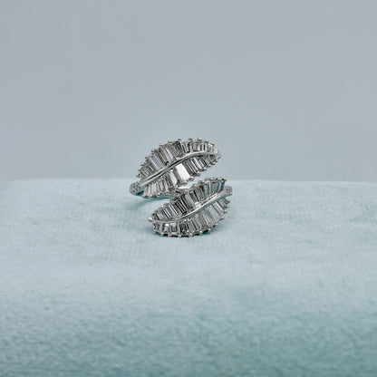 Double palm leaf ring with baguette lab diamonds in 18K white gold, view 5