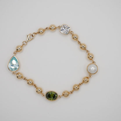 Mixed Gemstone Ball Chain Bracelet, 14K Gold