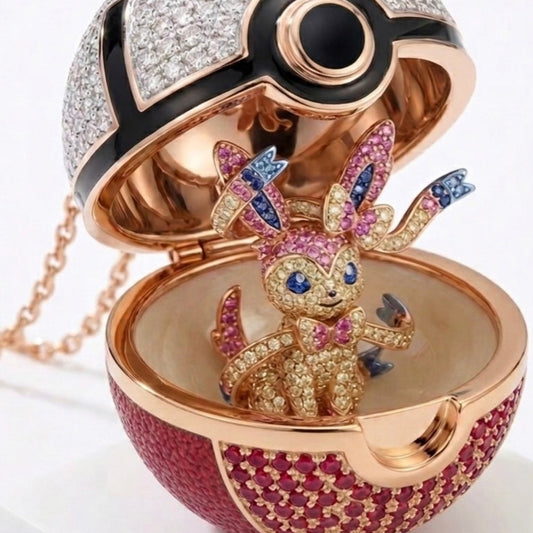 Pokeball Locket Pendant with Sylveon Inside, 3D Opening Pokemon Necklace, Pavé Moissanite 18K Gold, Anime Gamer Jewelry Gift