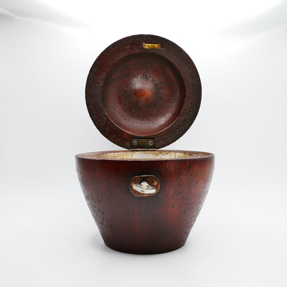 Fruitwood apple tea caddy opened, showing the original hand-laid foil lining to the interior