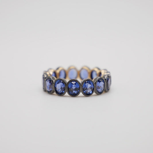 18K Yellow and Blackened Gold Eternity Band with Oval Sapphires in Milligrain Setting