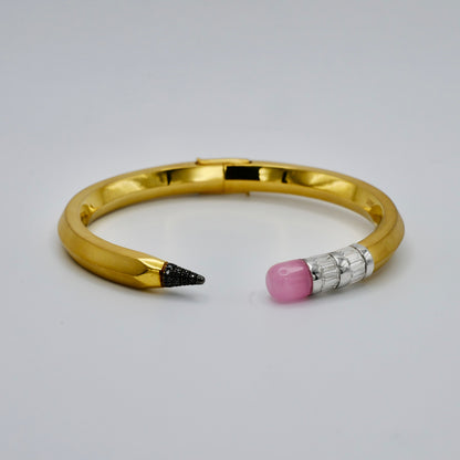 Pencil Bangle with Moissanite and Pink Nephrite, 18K Gold Filled, Size 16 cm, Ready to Ship