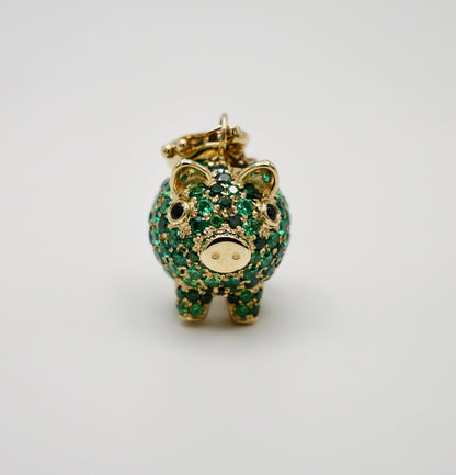 Baby Piggy Bank Charm Pendant with Lab Grown Emeralds, 9K Gold, view 4
