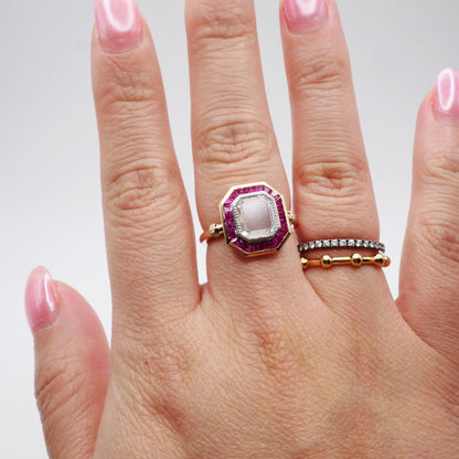 Portrait Cut Moissanite or Diamond Art Deco Ring with Caliber Cut Lab Grown Rubies, 14K Yellow Gold, view 7