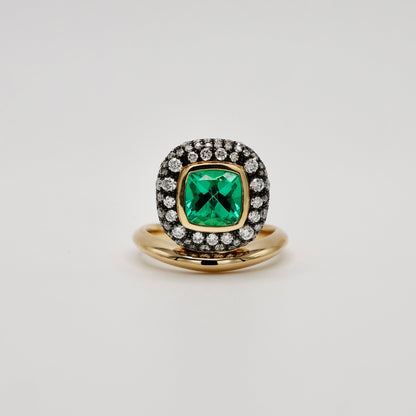 Cushion Emerald Donut Ring with Pave Diamonds, 18K Gold