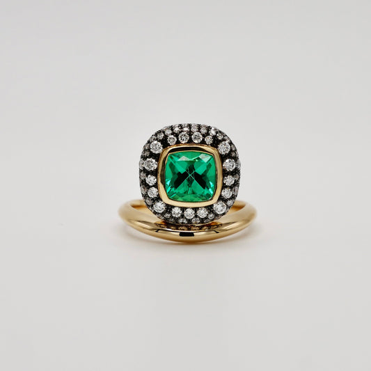 1.5 Carat Cushion Emerald Donut Ring with Pave Diamonds in 18K Yellow and Blackened Gold