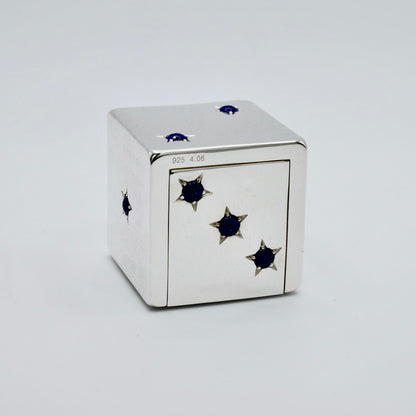 Dice pill box in 925 sterling silver with blue lapis lazuli cabochons in star settings