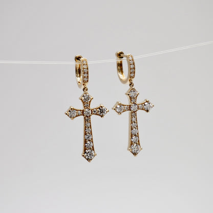 Gothic Cross Earrings, 14K Gold, view 2