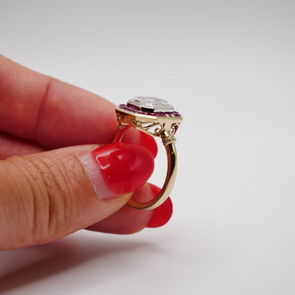 Portrait Cut Moissanite or Diamond Art Deco Ring with Caliber Cut Lab Grown Rubies, 14K Yellow Gold, view 10