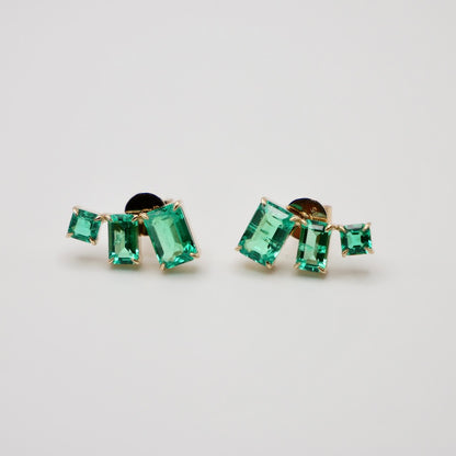 Emerald-Cut Lab Emerald Climber Earrings, 14K Gold, view 2