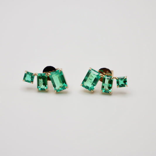 Emerald-Cut Lab Emerald Climber Earrings, 14K Gold, view 2