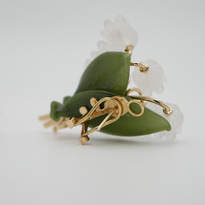 Rock Crystal, Diamond, Nephrite and Lily of the Valley Earrings, Antique Inspired, 18K Gold, view 6