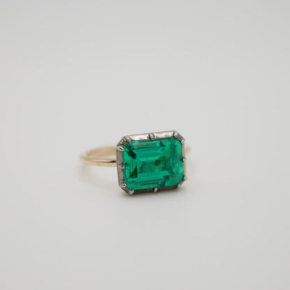 Georgian Victorian Emerald Cut Emerald Button Back Collet Ring, view 6