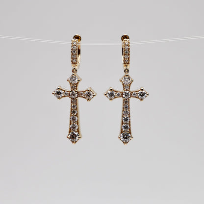 Gothic Cross Earrings, 14K Gold