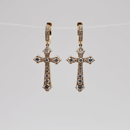 14K Yellow Gold Gothic Cross Earrings