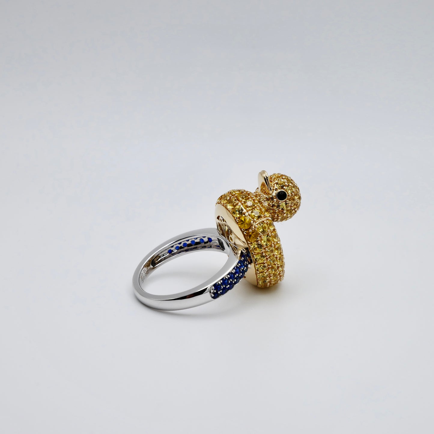 Aquamarine with Blue Sapphires Large Duckie Ring, 18K Gold