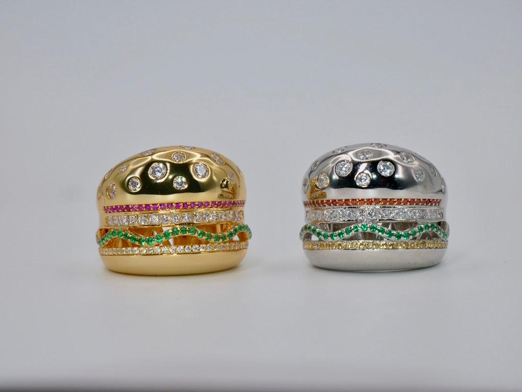 veggie burger ring, hamburger ring, gold filled burger ring, nadine ghosn, drake