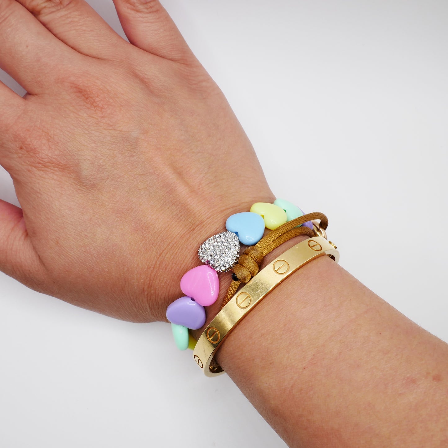 Pastel Heart Bead Stretch Bracelet with Heart Bead, 18K Gold Filled with Pave Moissanites, Ready to Ship