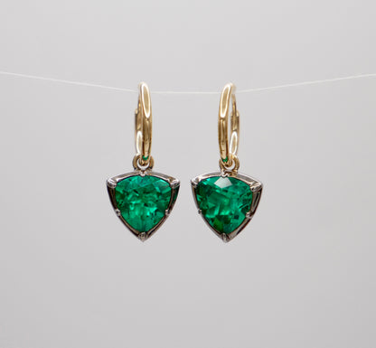 Trillion Cut Emerald Georgian Victorian Gold Earrings, 18K Blackened Gold, view 2