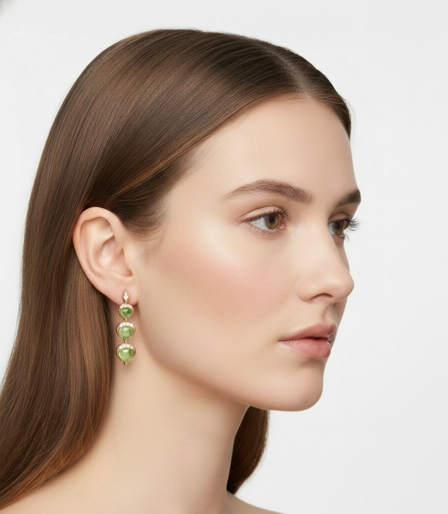Pink Tourmaline Cabochon Pear Triple Drop Earrings | 18K Gold with Lab Diamonds | Statement Earrings | Cabochon Gemstone Jewelry | by Disco Marshmallow