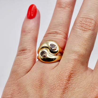 Moi et Toi Double Pear Shaped Champagne Diamond Wrap Ring, 18K Yellow Gold, view 7