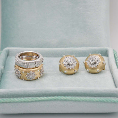 Round Engraved Gold Button Silk Diamond Earrings, 18K Gold, view 7