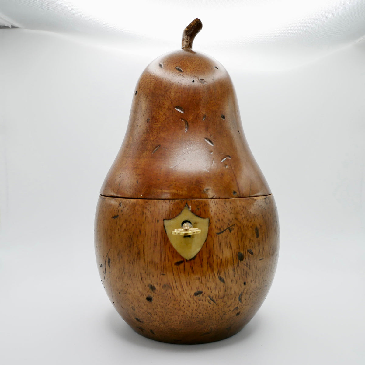 Antique Georgian fruitwood pear tea caddy, English c.1800, with lift-off lid and applied stalk