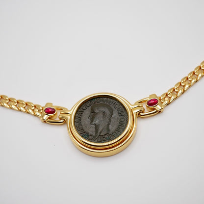 Ancient Roman Silver Coin Statement Necklace with Lab Grown Cabochon Rubies and Moissanite, view 3