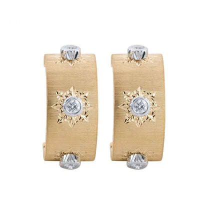 Engraved Fabric Silk Diamond Huggies or Hoop Earrings, 18K Gold