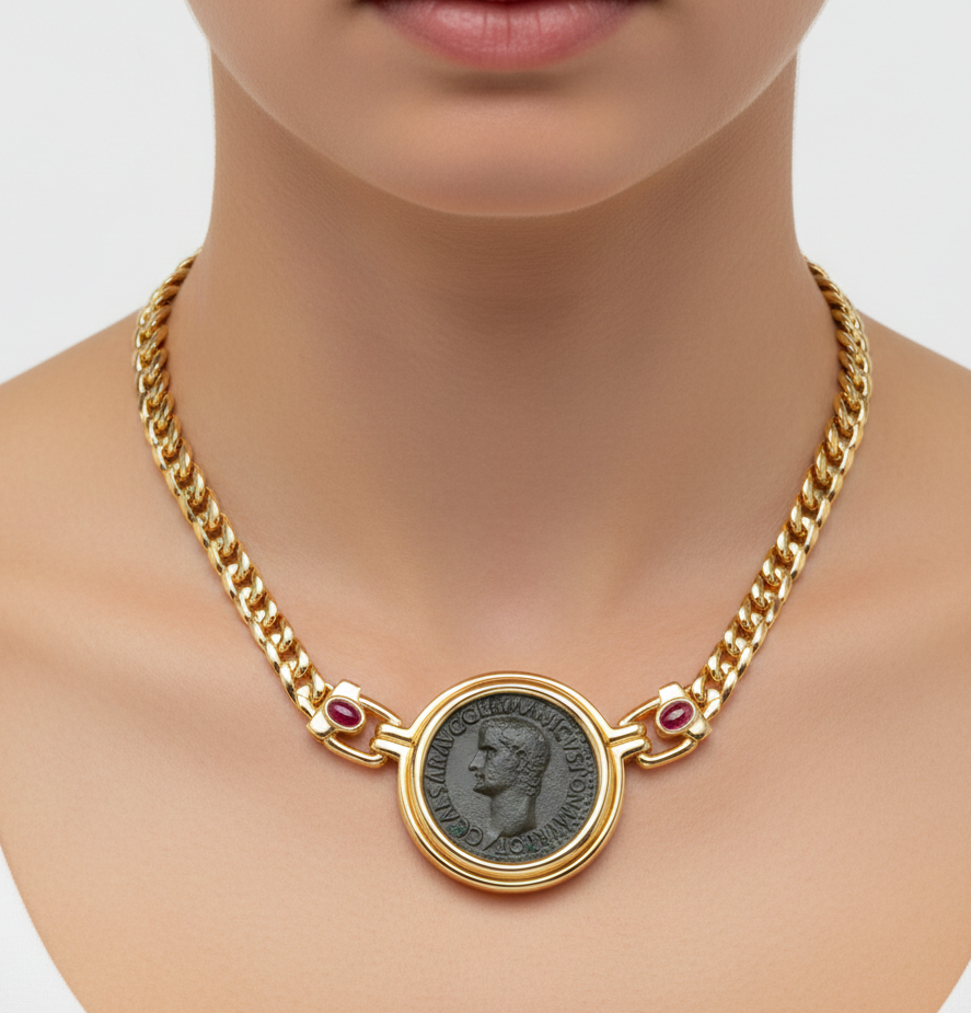 Ancient Roman Silver Coin Statement Necklace in 18K Gold Filled with Lab Grown Cabochon Rubies and Moissanite | by Disco Marshmallow