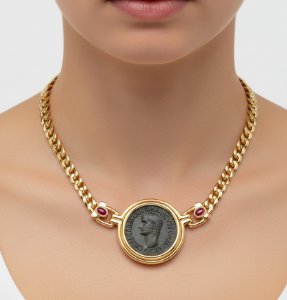 Ancient Roman Silver Coin Statement Necklace with Lab Grown Cabochon Rubies and Moissanite, view 8