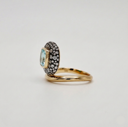 Cushion Aquamarine Donut Ring with Pave Diamonds, 18K Gold, view 2