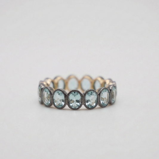 Antique Inspired Yellow and Black Eternity Band with Oval Aquamarines in Milligrain Setting